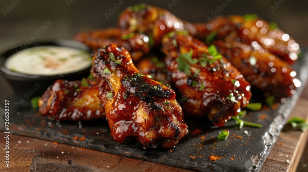 Grilled Chicken Wings on a Black Plate With Savory Sauce. Generative AI. Grilled Chicken Wings on a Black Plate With Savory Sauce. Generative AI.