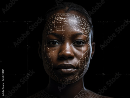 neural network entangled the head of a black beautiful girl. IQ testing, artificial intelligence, brain work, neural connections.