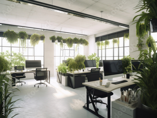modern office interior with green plants with large windows with natural light, eco office concept, coworking office