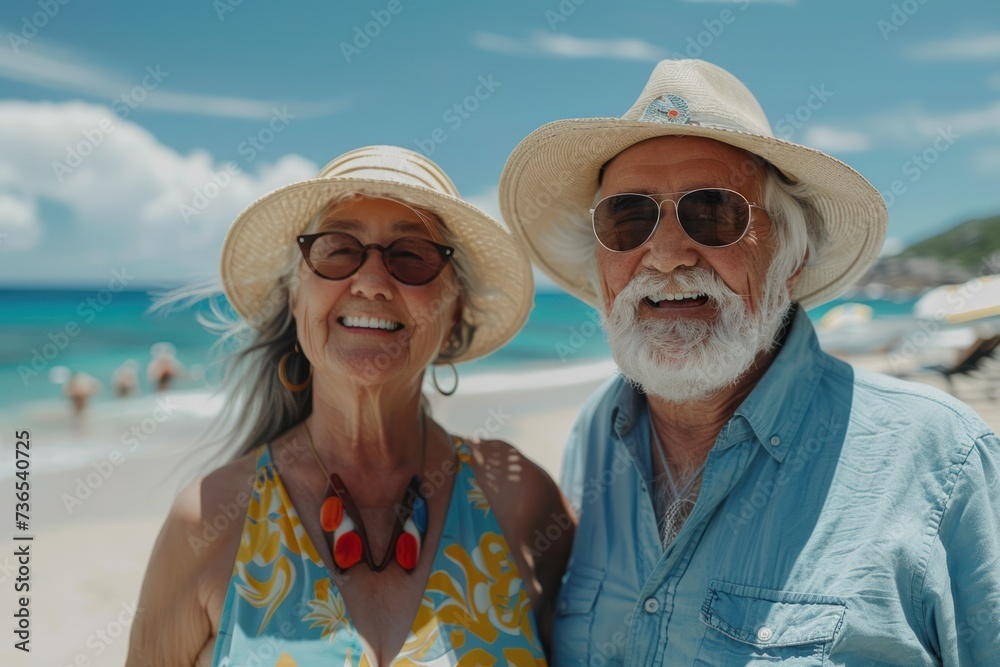 A retired couple travels happily.