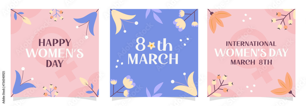 Set of square templates for Women’s day. Decorative banners or backgrounds with floral elements. Set of square templates for Women’s day. Decorative banners or backgrounds with floral elements.