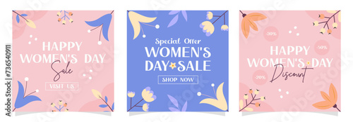 Collection of square banners for Women’s Day.  Shop, sale, discount, offer. Decorative vector templates.
