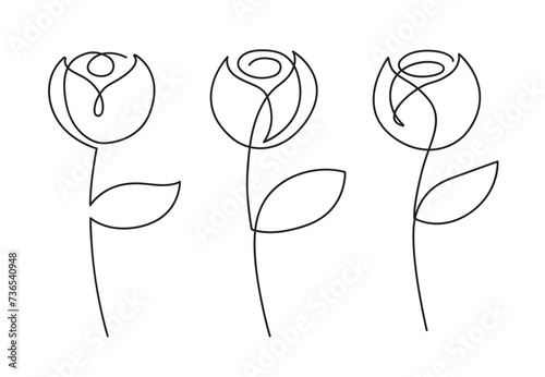 Pink flower bud set in continuous line art sketch style. Minimalist black linear design isolated on white background. High definition image illustration