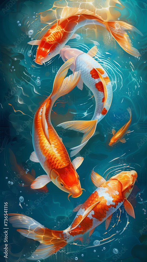 Group of golden carp coi swimming in an river bank. Several colored carp koi in blue water, copy space, sunlight, light refractions. Year of the fish according to the eastern calendar.
