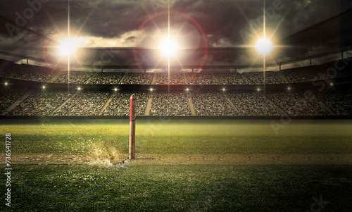 Night cricket field close view and stadium lights on, modern public sport background 3D render illustration