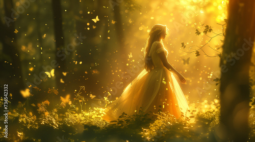 Enchanting woman in a golden light-drenched forest, perfect for fairy tale inspirations or dreamy background