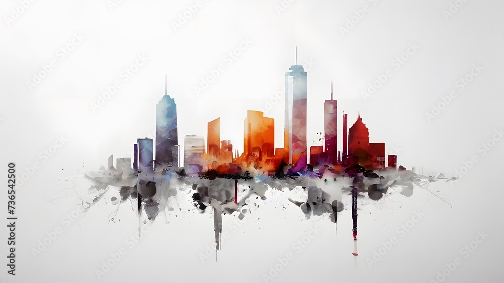 Modern city skyline with colorful watercolor splashes