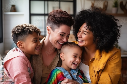Loving LGBTQIA family moment filled with laughter, featuring two mothers and their children enjoying each other's company.. Concept of diverse childhood, parenthood, and motherhood.