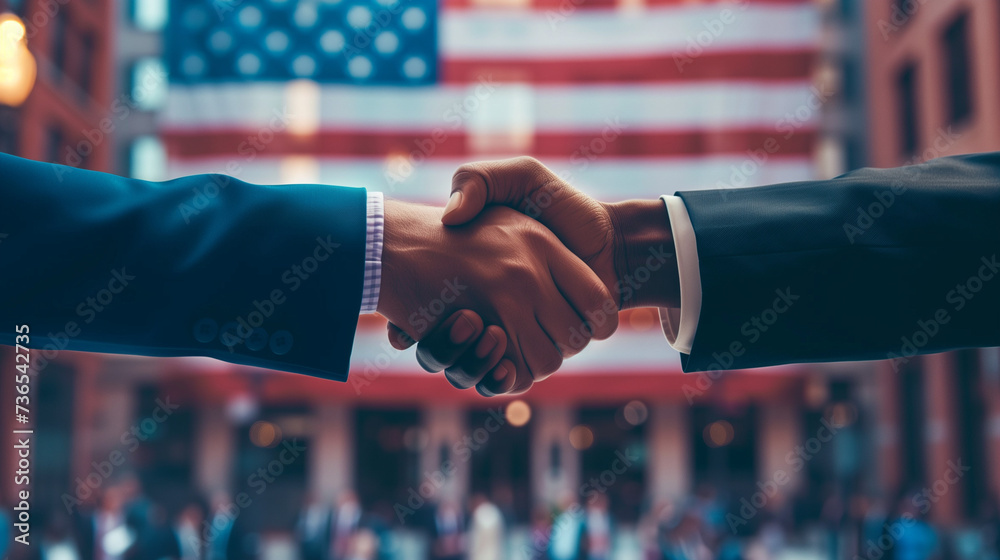 Professional business handshake in front of the American flag, symbolizing partnership and patriotic agreement, ideal for political campaign ads - obrazy, fototapety, plakaty 