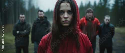A woman in a red hoodie standing in front of a group of people. Generative AI.