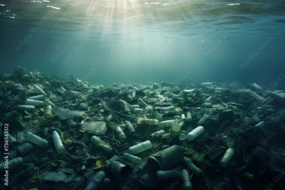 Fototapeta premium Polluted Plastic water bottles ocean sunlight. Garbage dirty. Generate Ai