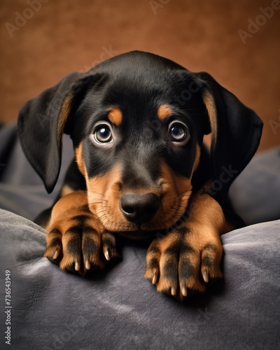 Cute Doberman Puppy Portrait on Dark Background