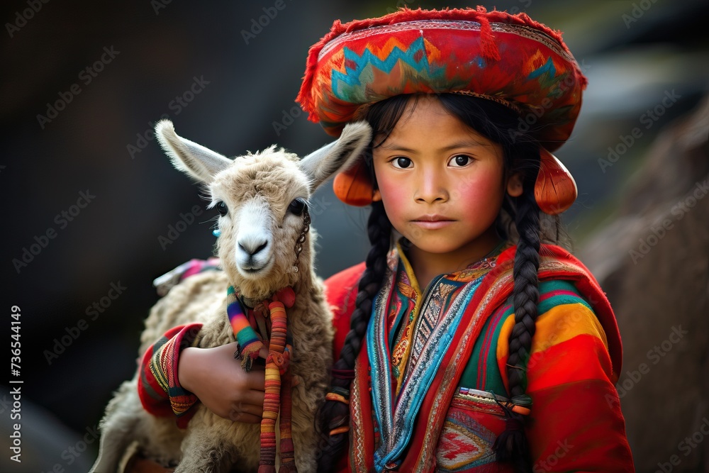 Little Hispanic Girl in National Indians Costume with Pet Llama