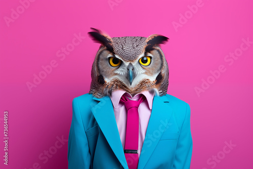 Anthropomorphic Owl in Pink and Blue Business Attire: Monochromatic Corporate Workplace Studio Shot with Bold Color Matching Wall - Happy Work Environment Stock Image photo