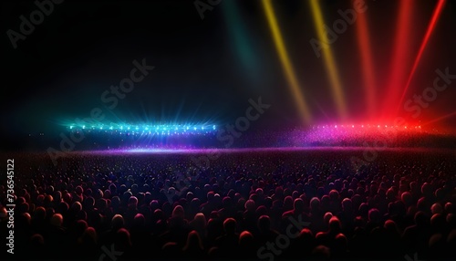 A large crowd at a concert with colorful stage lights illuminating the scene