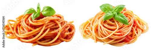 Close-Up of Spaghetti with Tomato Sauce and Basil Garnish