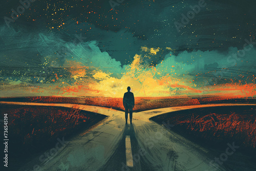 A person standing at a crossroads, depicting the concept of indecision, making decisions, or choosing a career path