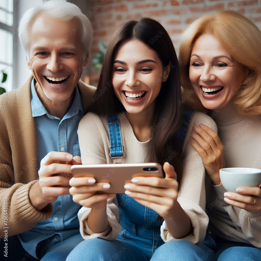 Excited older parents and adult daughter woman using media app Excited older parents and adult daughter woman using media app