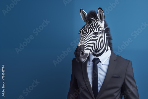 Anthropomorphic Zebra in Blue Business Attire  Monochromatic Corporate Workplace Studio Shot with Bold Color Matching Wall - Happy Work Environment Stock Image