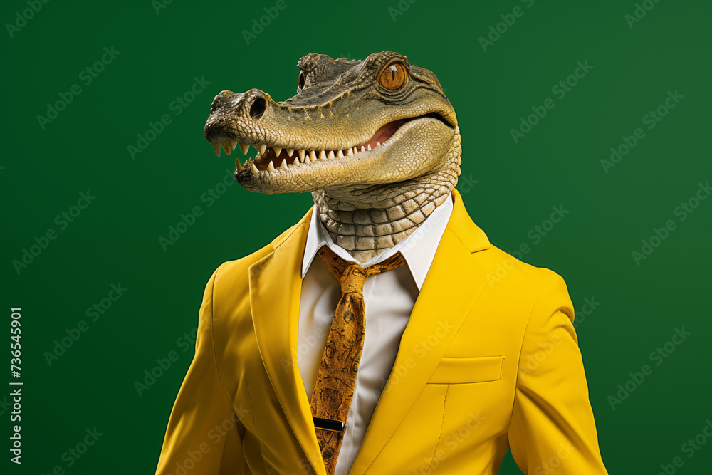 Anthropomorphic Crocodile in Green Business Attire: Monochromatic Corporate Workplace Studio Shot with Bold Color Matching Wall - Happy Work Environment Stock Image Anthropomorphic Crocodile in Green Business Attire: Monochromatic Corporate Workplace Studio Shot with Bold Color Matching Wall - Happy Work Environment Stock Image