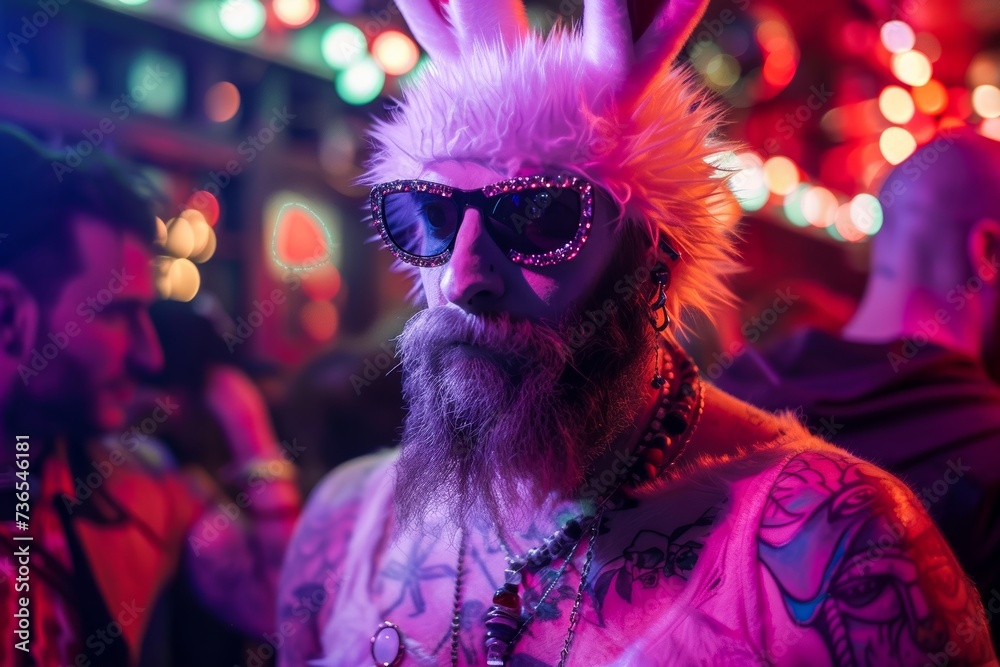 A stylishly eccentric man donning a magenta beard and rabbit ears at a lively festival, exuding confidence and individuality through his unique fashion choices