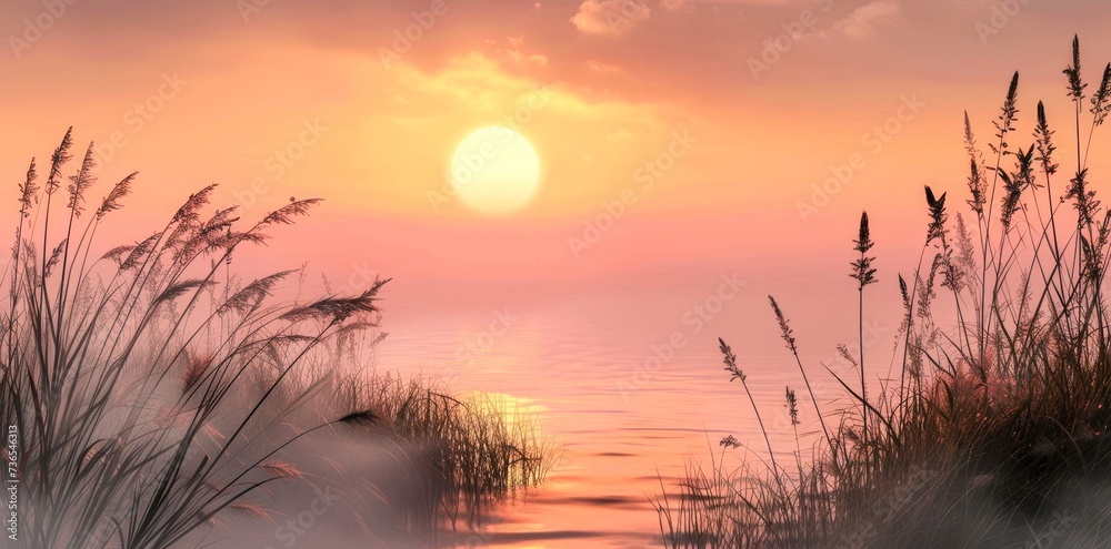 As the sun sets over the tranquil lake, the sky is painted with a soft afterglow, casting a calming backlight on the surrounding landscape of grass and plants
