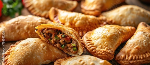 Close-up of South American empanadas with various fillings