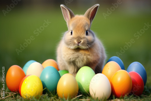 young rabbit and a eggs of different colors on a green meadow. © OLGA