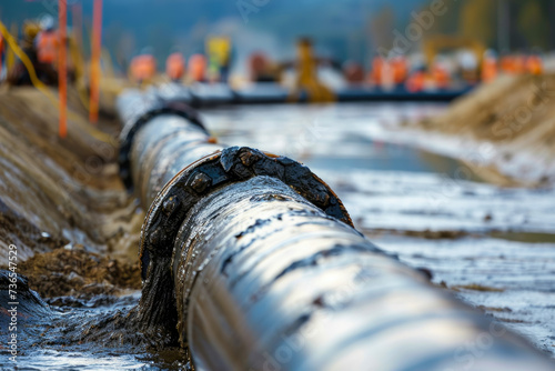 close-up of a pipeline with a leak. The leak is causing an oil spill, and there are cleanup crews in the background