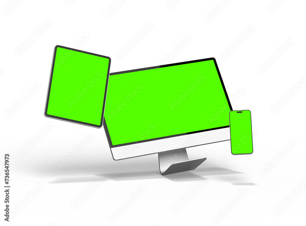 3D Render of smartphone tablet desktop with green screens on a transparent background 3D Render of smartphone tablet desktop with green screens on a transparent background