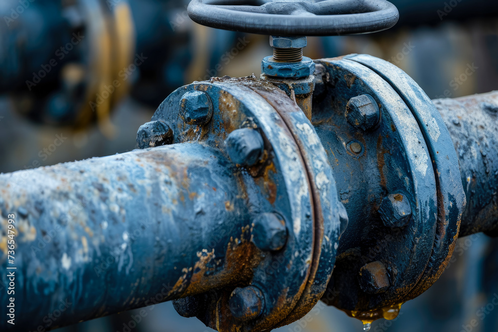 close-up of a pipeline with a valve. The valve is open, and oil is flowing through the pipeline close-up of a pipeline with a valve. The valve is open, and oil is flowing through the pipeline