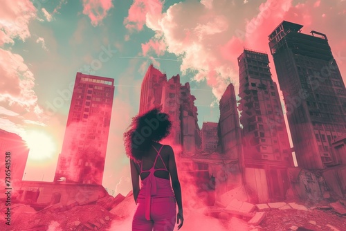 A lone woman, adorned in anime-inspired clothing, gazes at the smoky sky above a digital composite of a ruined city, embodying the resilience and despair of a world destroyed