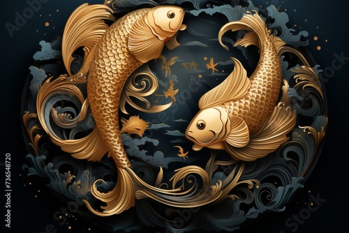 Beautiful pisces zodiac sign shining in gold on black background, vector illustration photo