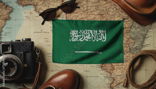 Saudi Arabia flag lies on the map surrounded by camera, glasses, travel and tourism concept
