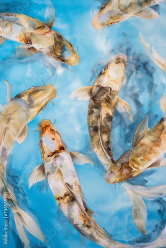 Group of golden carp coi swimming in an river bank. Several colored carp koi in blue water  copy space  sunlight  light refractions. Year of the fish according to the eastern calendar.