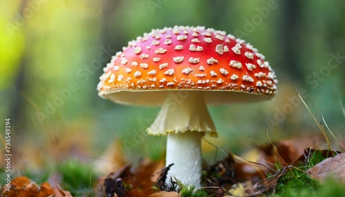 fly agaric amanita muscaria in natural habitat close up on blurred background a species of poisonous chalucigenic mushrooms