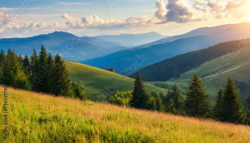 carpathian countryside scenery in late summer grassy pastures on the rolling hills of mountainous landscape sunning view in evening light