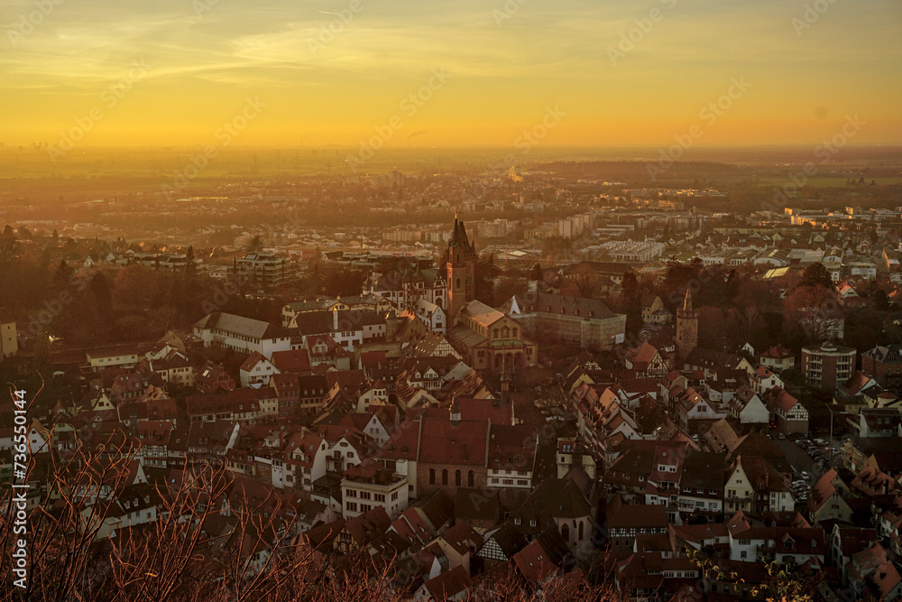 Sunset over the city Weinheim at the edge of the Odenwald