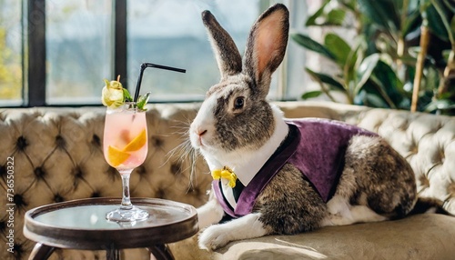photo of easter bunny in a velvet suit on a luxury couch with a cocktail pastel colors