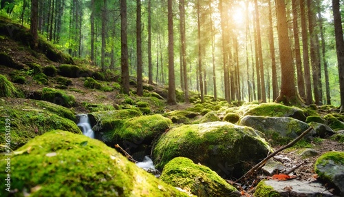 beautiful forest background with sun rays the stones are covered with green moss