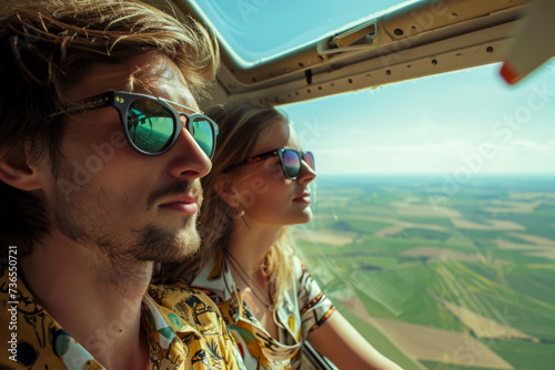 couple on a plane flying over the countryside, wearing sunglasses