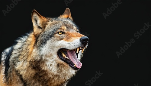 angry grinning wolf canis lupus on black background growling muzzle of a wolf banner about wild animal with copy space