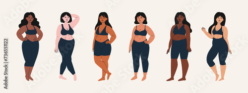 Cartoon chubby women in sportswear. Curvy female characters, overweight and pregnant ladies in leggins, body positive concept. Vector diverse body shapes set