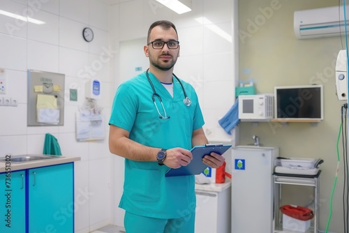 Portrait of confident ER doctor standing in hospital emergency room. Handsome doctor in scrubs holding clipboard  standing in modern private clinic
