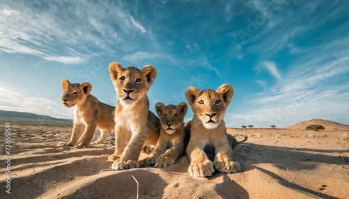 a group of young small teenage lions curiously looking straight into the camera in the desert ultra wide angle lens