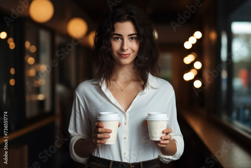 Smiling Young Barista Offering Coffee in Disposable Cups at Cafe
