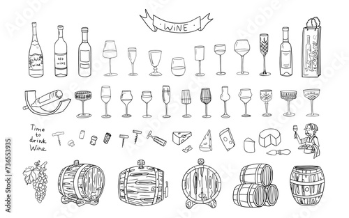 Big set of wine bottles, oak barrels and wine glasses of various sizes and shapes. Grape. Winemaker. Sparkling wine.Great for bar menu, banner, greeting card, celebration, wedding. Hand drawn. Doodles
