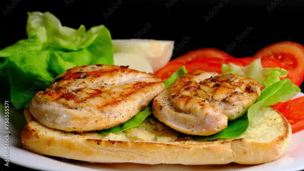 Sandwich with chicken fillet, tomatoes, olives, lettuce, onions. Olives and tomatoes slowly fall onto the sandwich. I'm making a sandwich. Breakfast. Sandwich with chicken fillet, tomatoes, olives, lettuce, onions. Olives and tomatoes slowly fall onto the sandwich. I'm making a sandwich. Breakfast.
