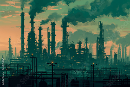 group of oil refineries in the middle of a city. The refineries are polluting the air  and there are people wearing masks in the background