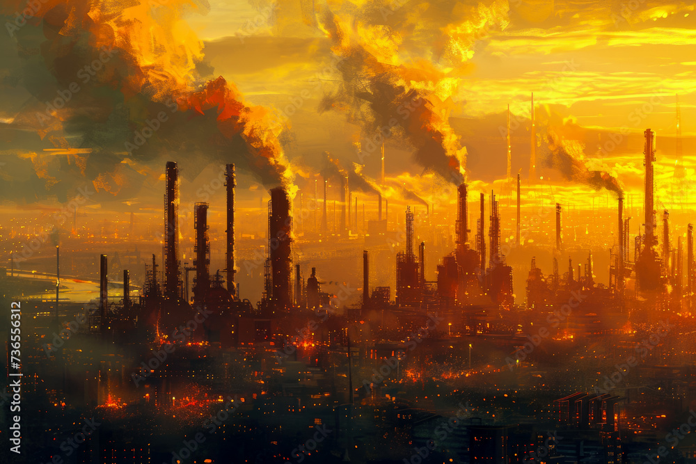 group of oil refineries in the middle of a city. The refineries are polluting the air, and there are people wearing masks in the background